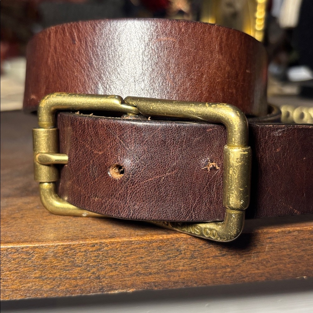 Polo Jeans Ralph Lauren Brown leather belt double buckle brass logo hardware